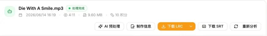 AI LRC Generator 工作台中的下载 LRC 和下载 SRT 按钮